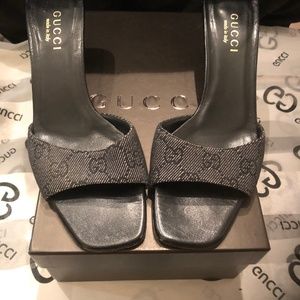 Gucci Sandalo Suola Cuoio Denim Nero Slides Size 7.5
